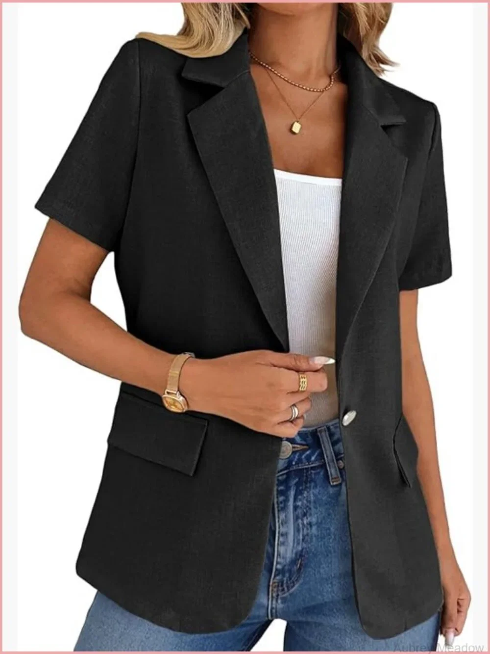 Short Sleeve Blazer Jacket - Lightweight Casual Work with Pockets